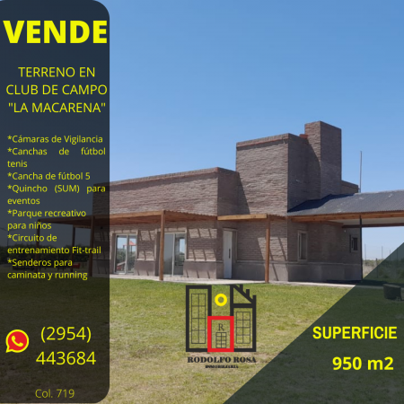 Terreno de 950 metros cuadrados, ubicado en el club de campo "La Macarena", Toay, La Pampa, Argentina