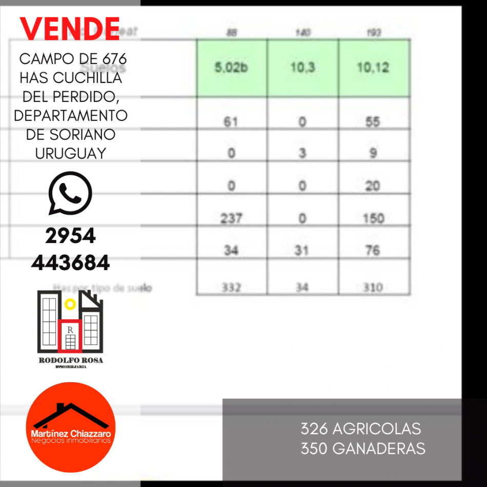 Establecimiento rural de 676 hectareas ubicado en Departamento de Soriano, Uruguay