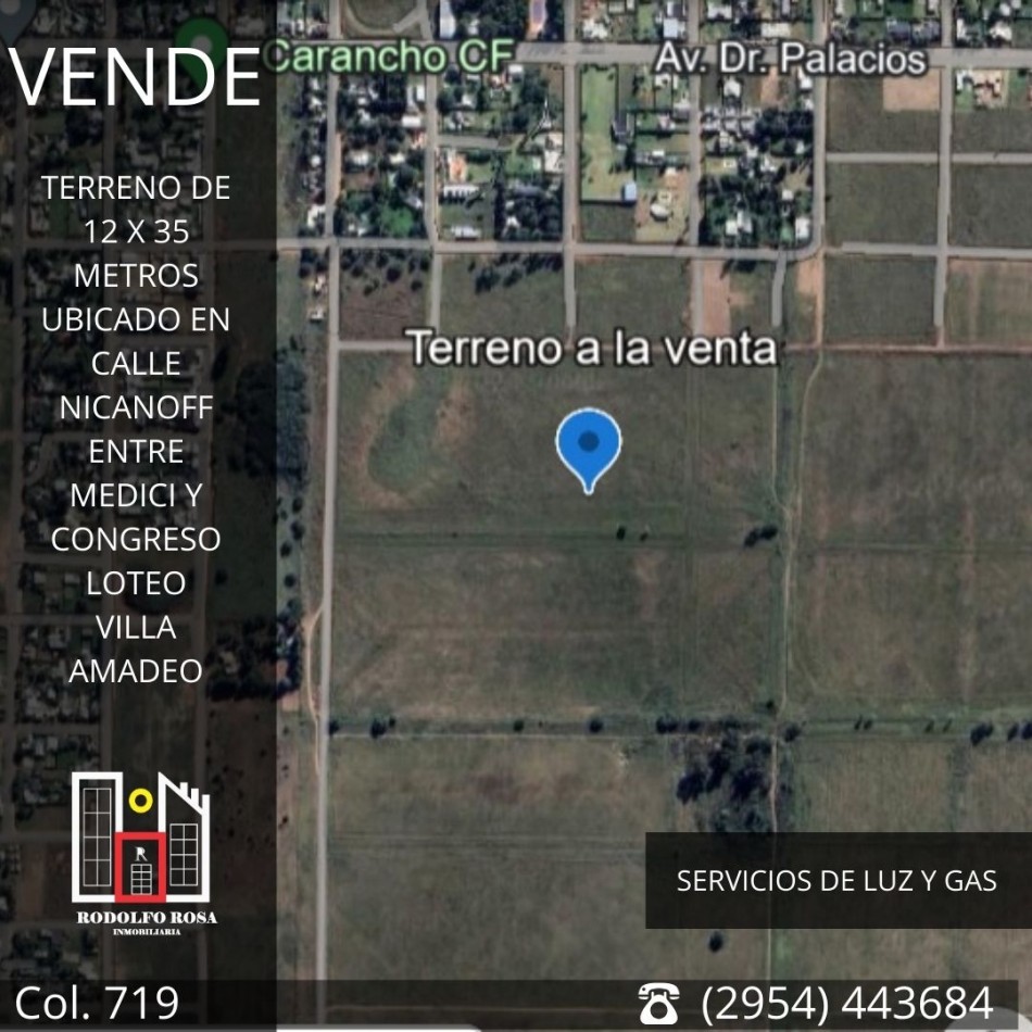 Terreno de 420 metros cuadrados sobre calle Nicanoff, loteo Villa Amadeo, Santa Rosa, La Pampa